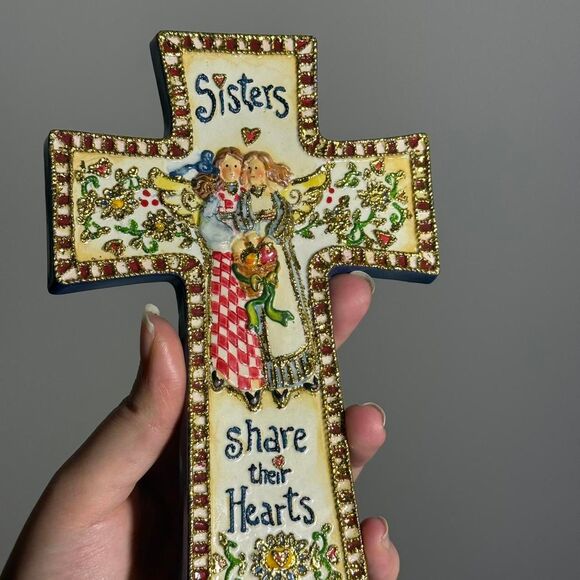 Vintage Shelly Rasche by Roman Inc. Ceramic Cross "Sisters Share Their Hearts" - Picture 4 of 5